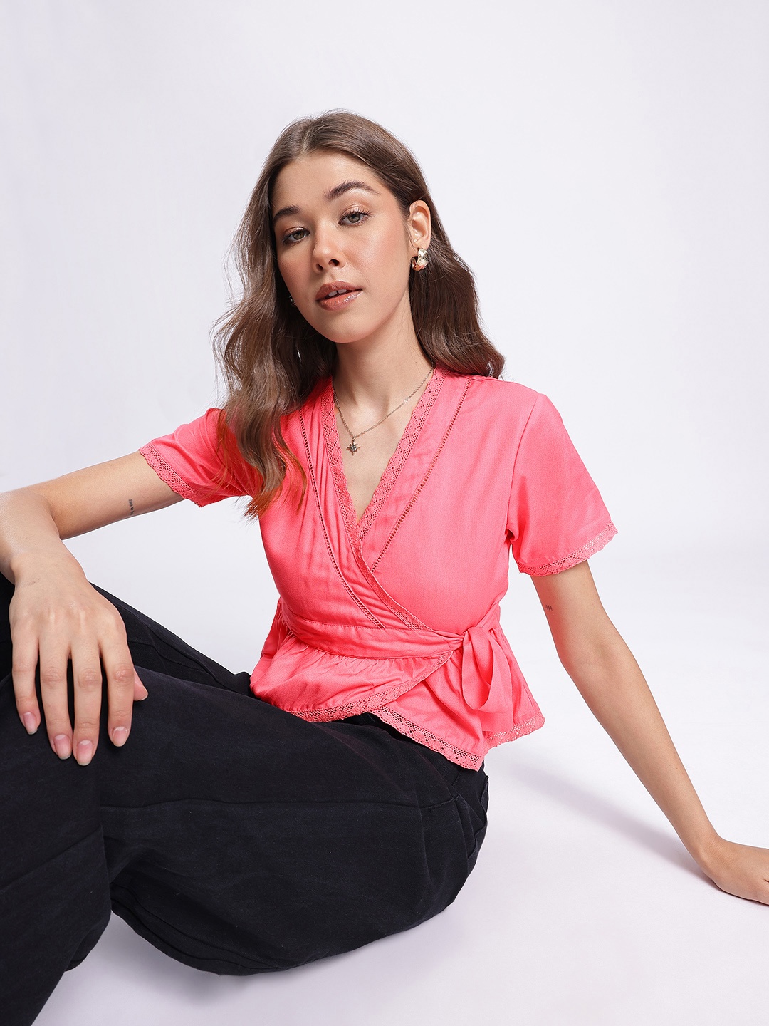 

DressBerry Coral Crush Lacy Ties Lace Inserts Detail Wrap Top