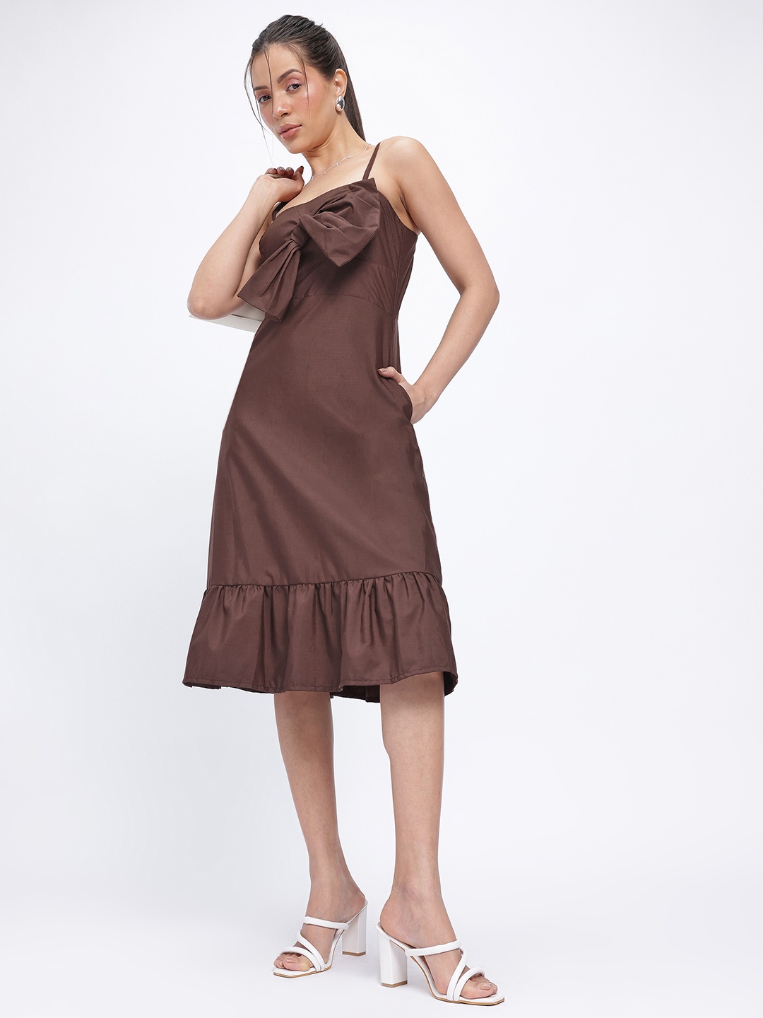 

DressBerry Twirly Tales Bow Detail A-Line Midi Dress, Brown