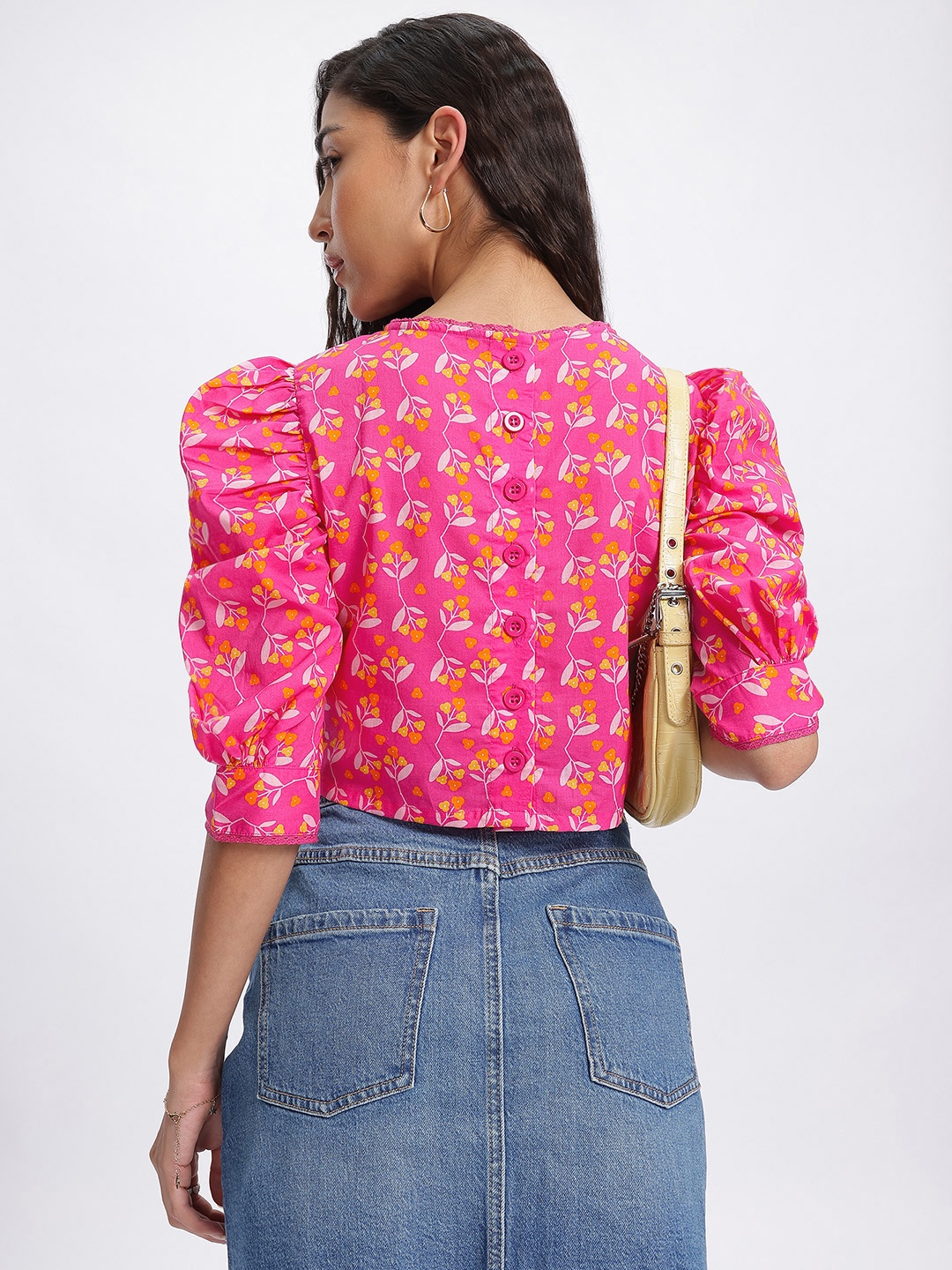 

DressBerry Twisted Florals Puff Sleeves Crop Top, Fuchsia