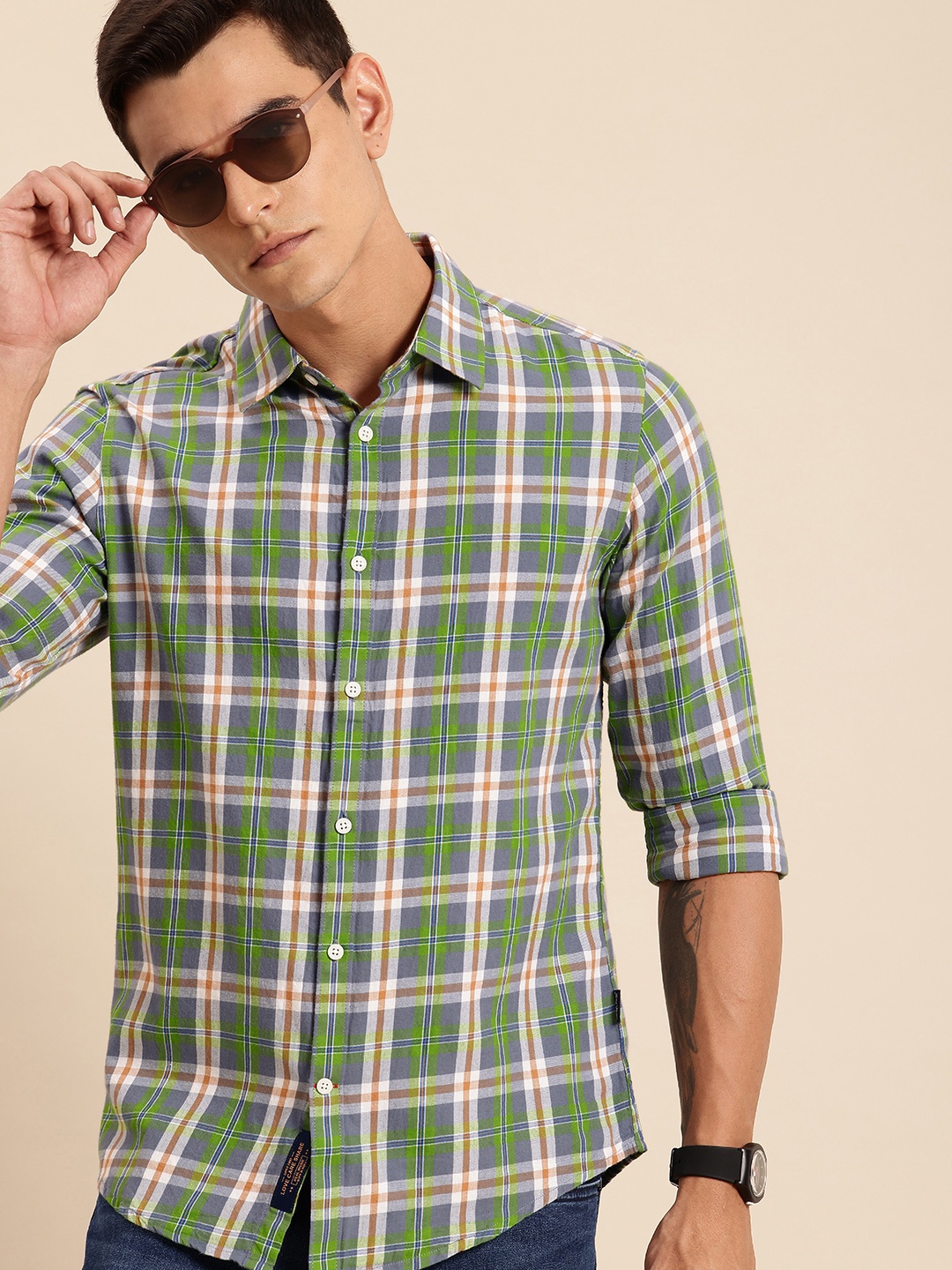 

Being Human Pure Cotton Slim Fit Checked Casual Shirt, Green