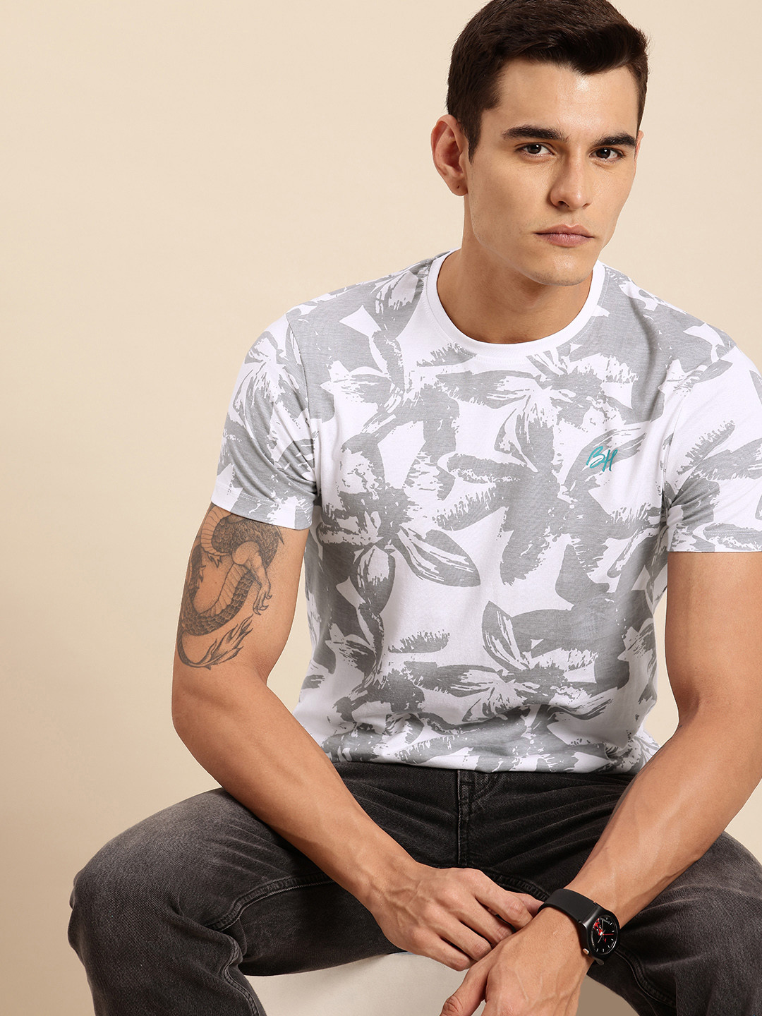 

Being Human Pure Cotton Tropical Printed T-shirt, White