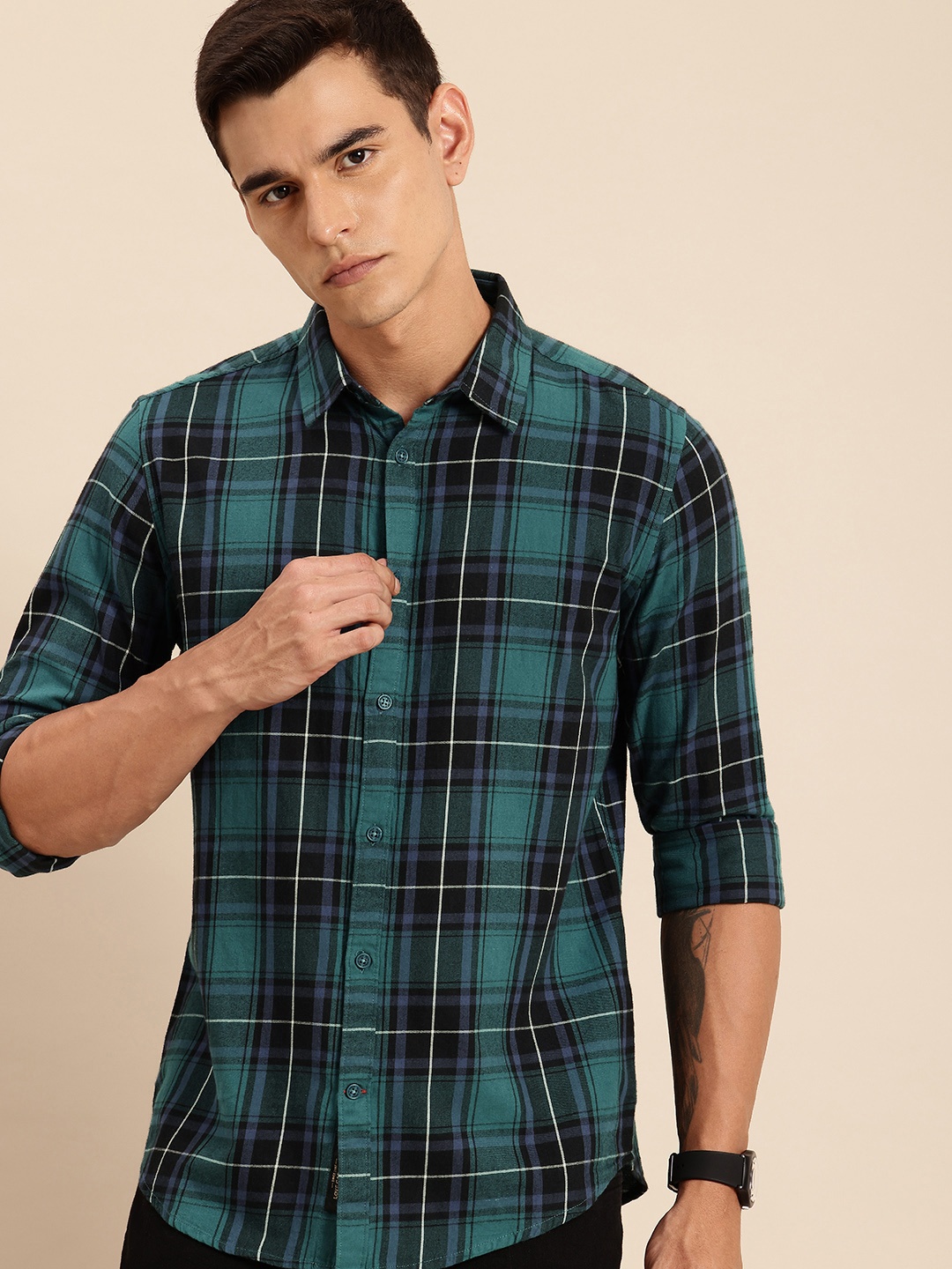 

Being Human Pure Cotton Slim Fit Checked Casual Shirt, Teal