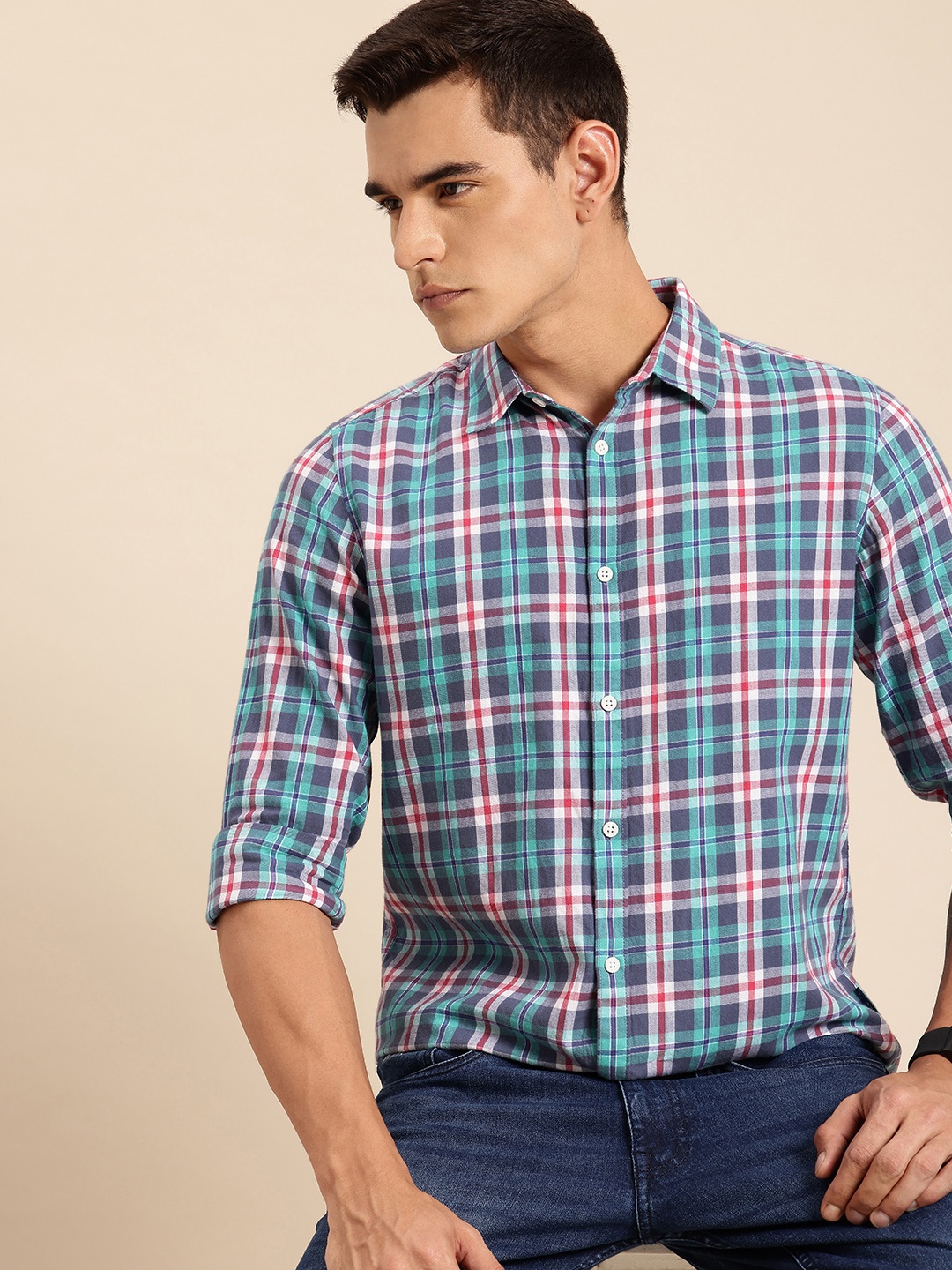 

Being Human Pure Cotton Slim Fit Checked Casual Shirt, Blue
