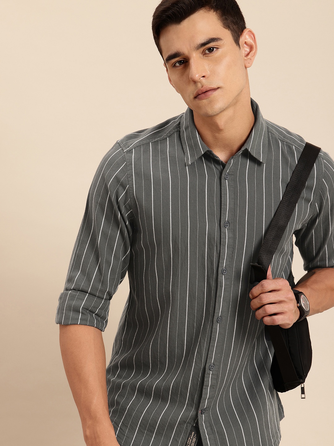

Being Human Pure Cotton Slim Fit Striped Casual Shirt, Charcoal