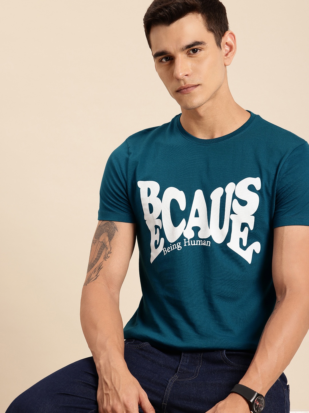 

Being Human Pure Cotton Typography Printed T-shirt, Teal