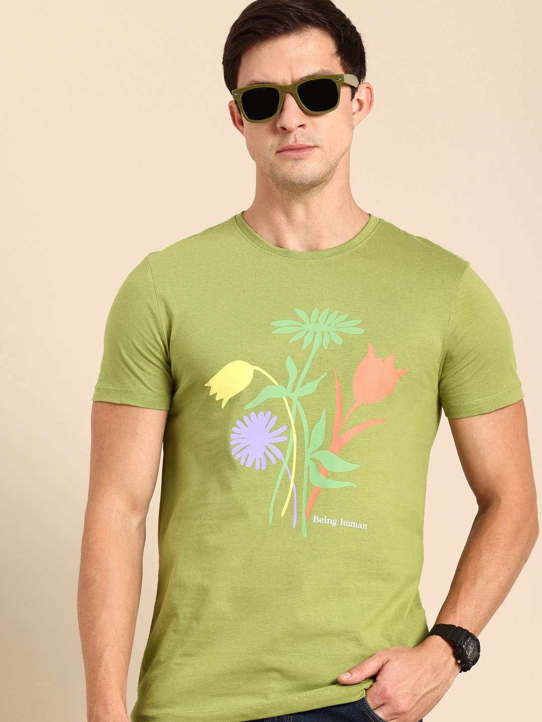 

Being Human Floral Printed Pure Cotton T-shirt, Green