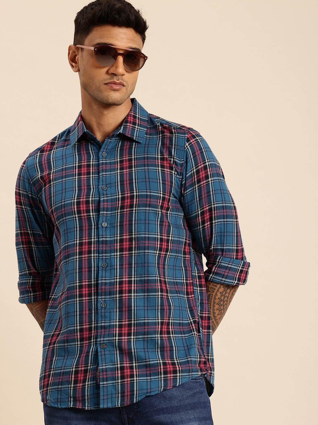 

Being Human Pure Cotton Slim Fit Checked Casual Shirt, Blue
