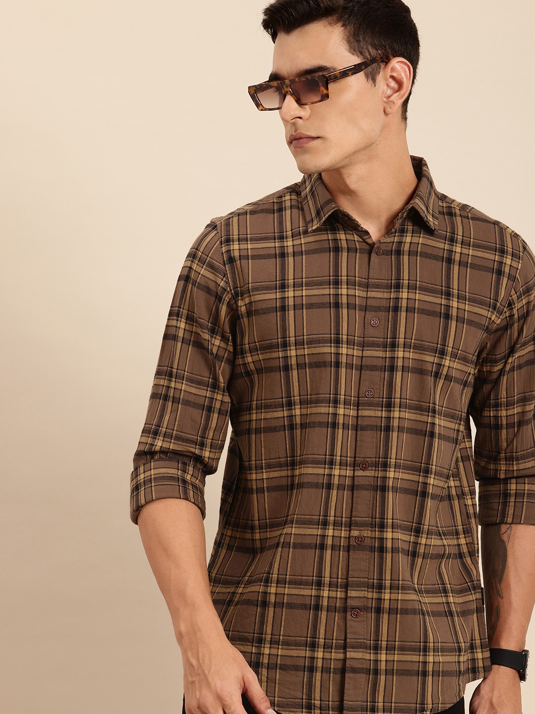 

Being Human Pure Cotton Slim Fit Checked Casual Shirt, Brown