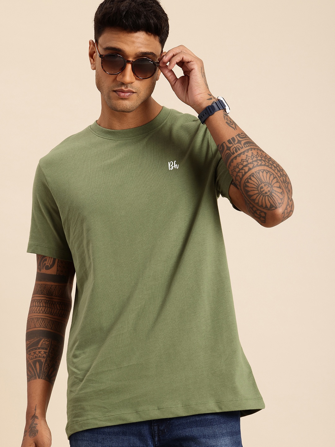

Being Human Pure Cotton Drop-Shoulder Sleeves Relaxed Fit T-shirt, Olive