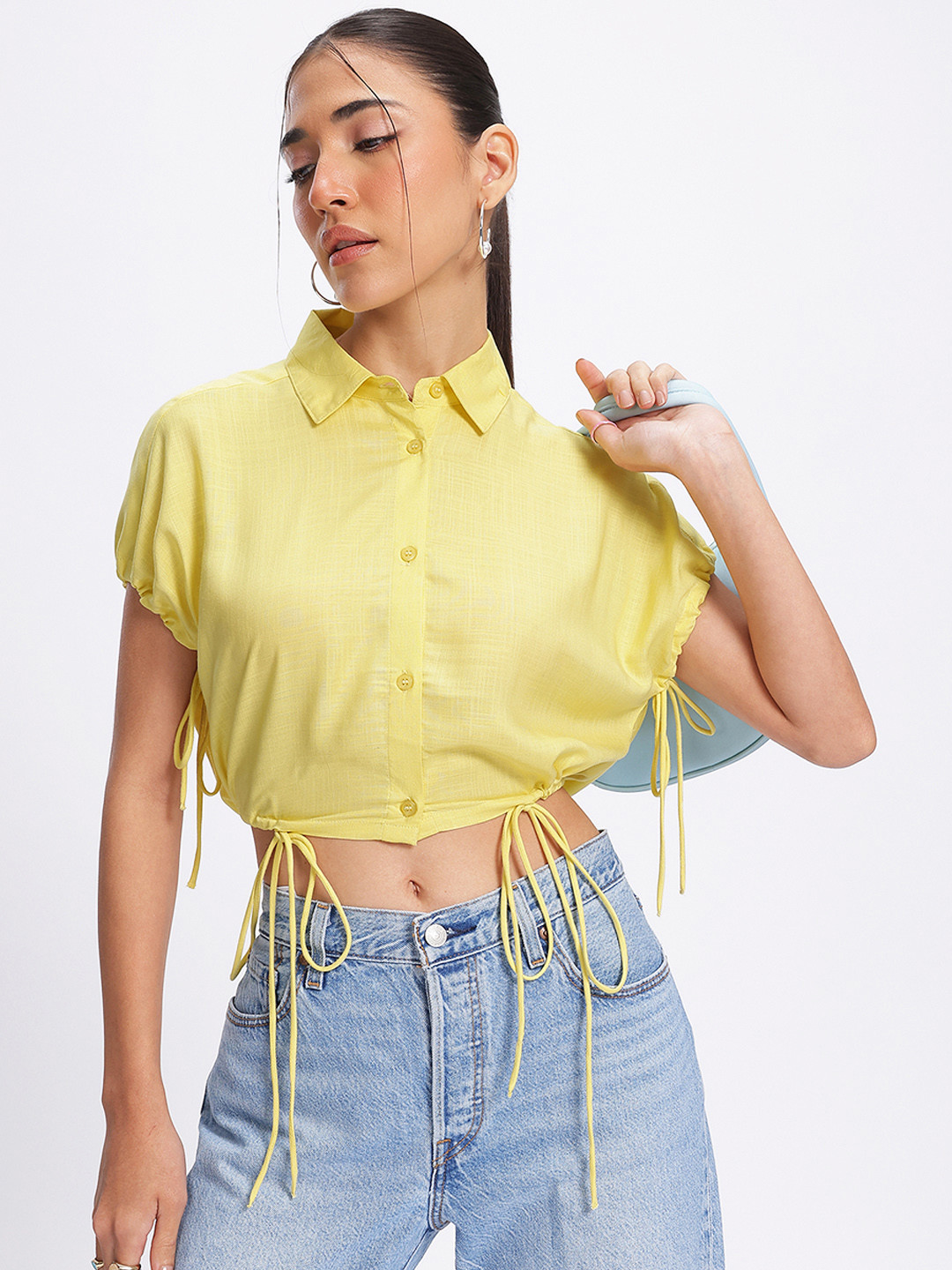

glitchez Crop Knots Tie-Up Waist Shirt Style Top, Yellow
