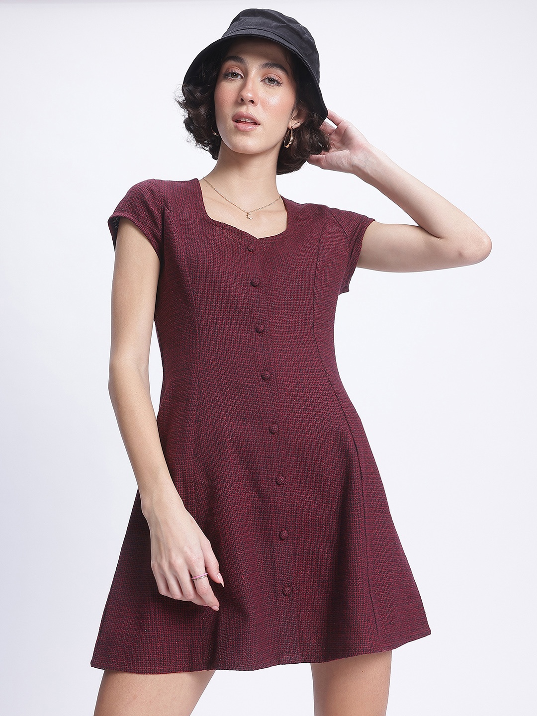 

glitchez Minimalist Muse Tweed Mini A-Line Dress, Maroon