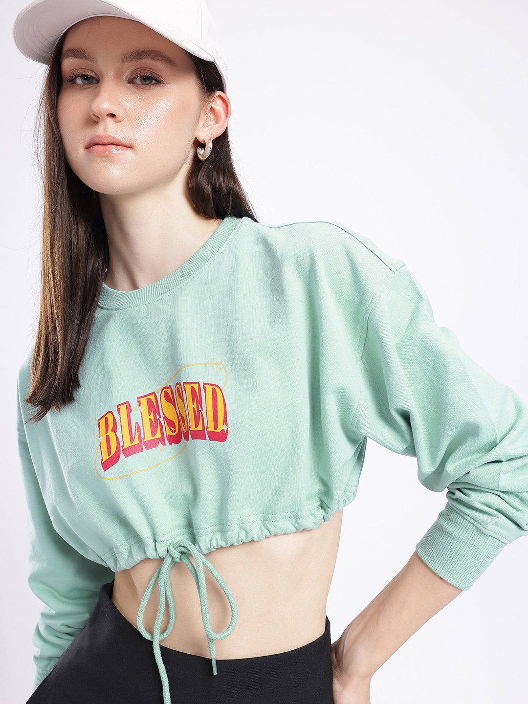 

glitchez Cool Swag Printed Cotton Terry Oversized Cropped Sweatshirt, Blue