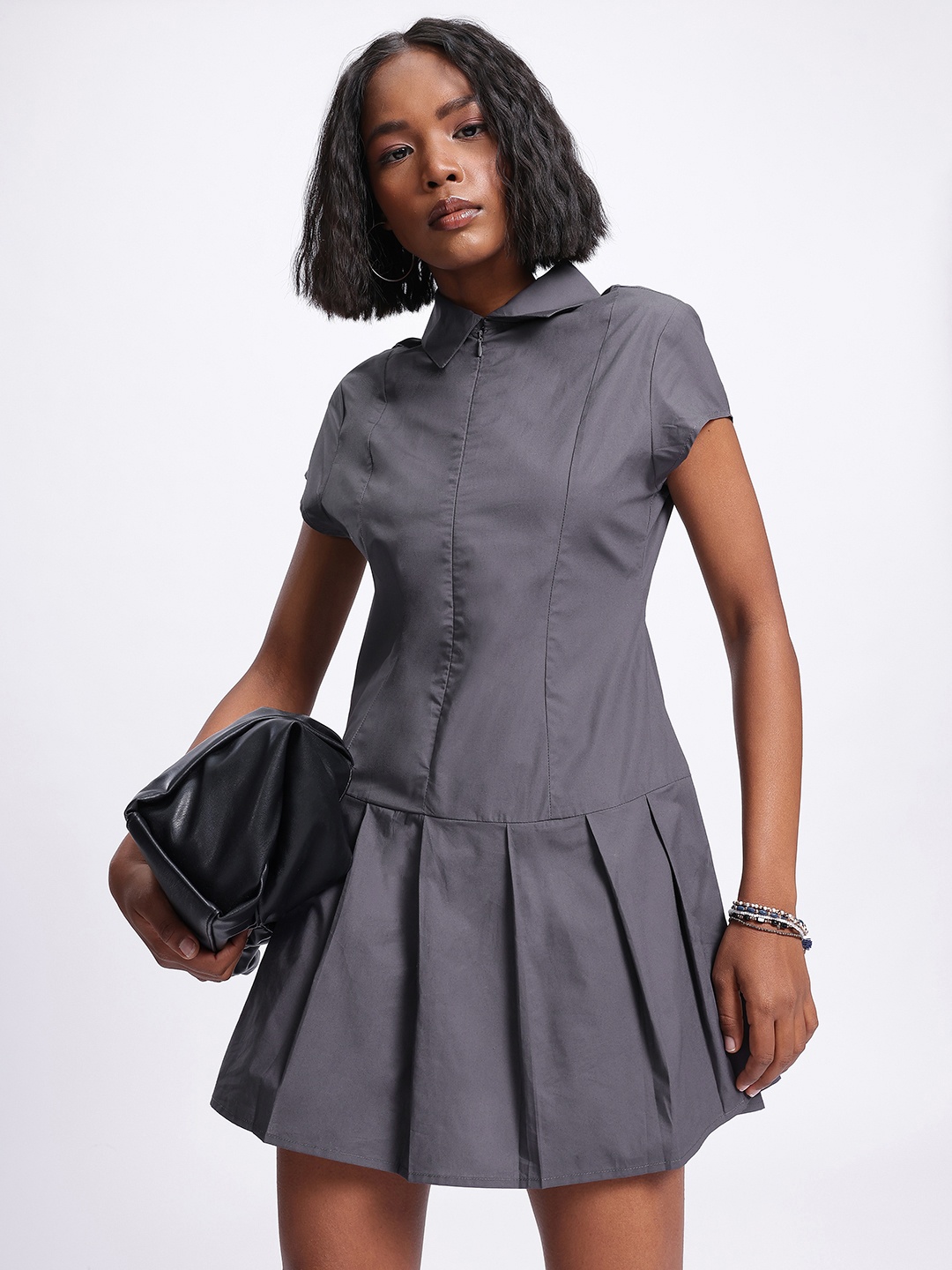 

glitchez Casual Chaos Pleated Drop-Waist Mini Dress, Charcoal