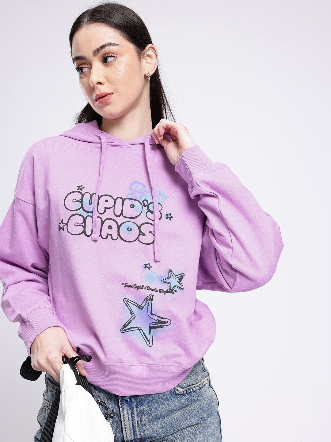 

glitchez Downtown Rizz Printed Cotton Terry Hooded Oversized Sweatshirt, Purple