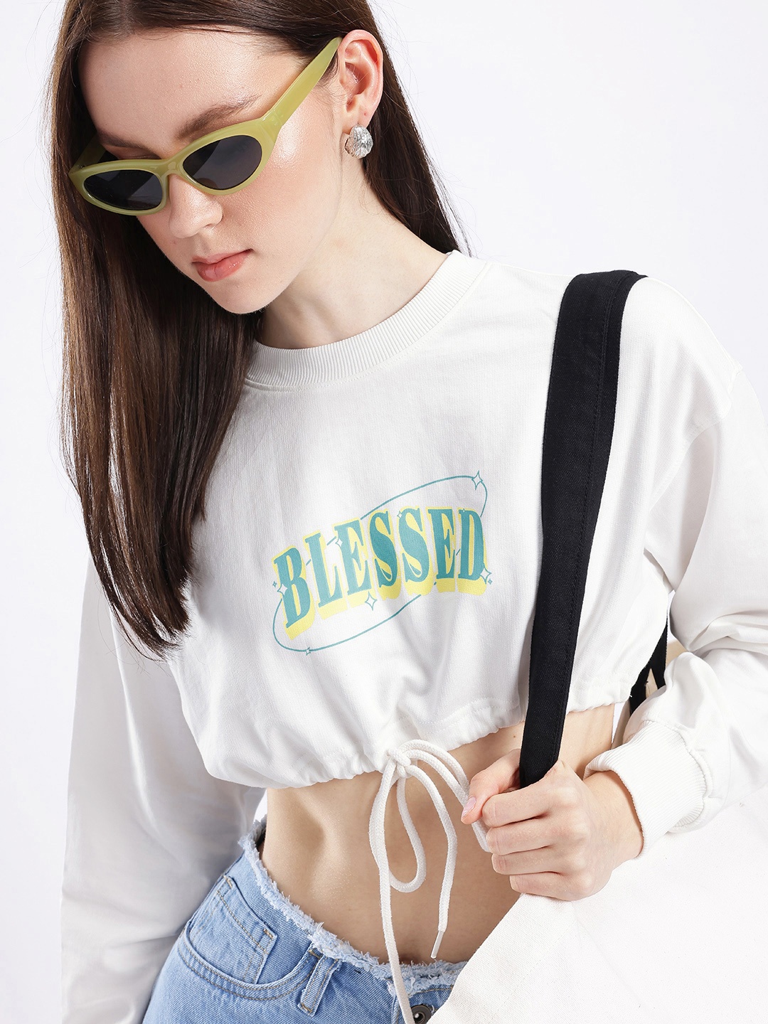 

glitchez Feeling Blessed Printed Cotton Terry Boxy Crop Sweatshirt, White