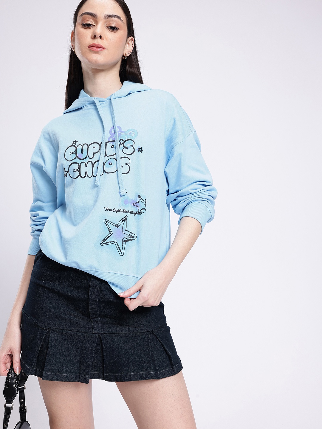 

glitchez Downtown Rizz Printed Cotton Terry Hooded Oversized Sweatshirt, Blue