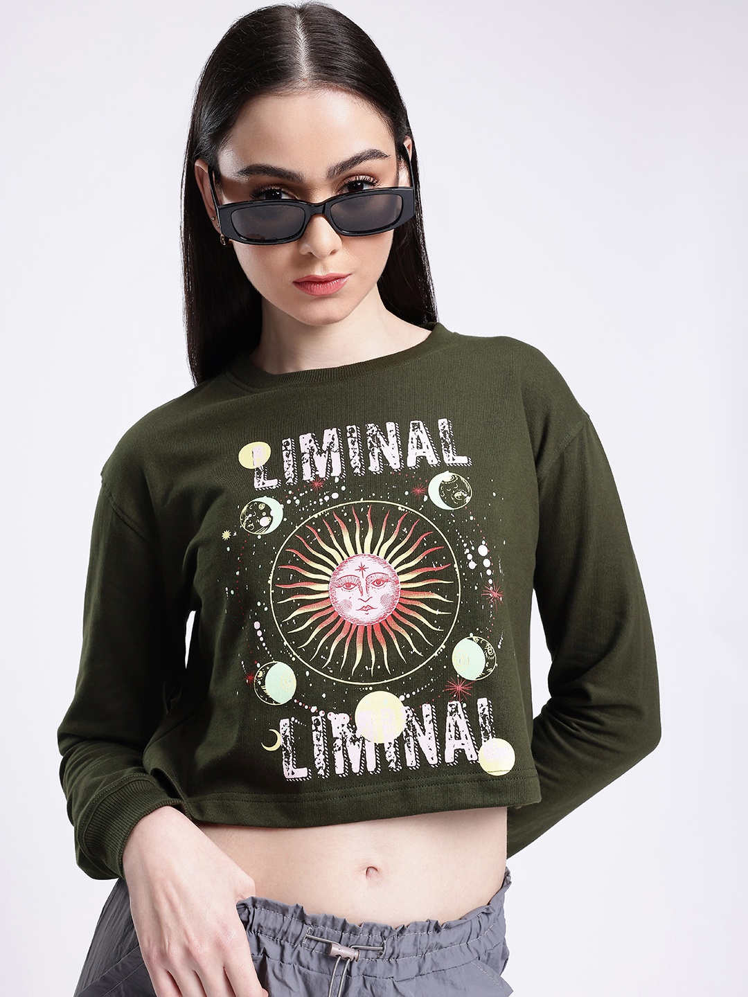 

glitchez Street Rizz Printed Cotton Terry Boxy Cropped Sweatshirt, Olive