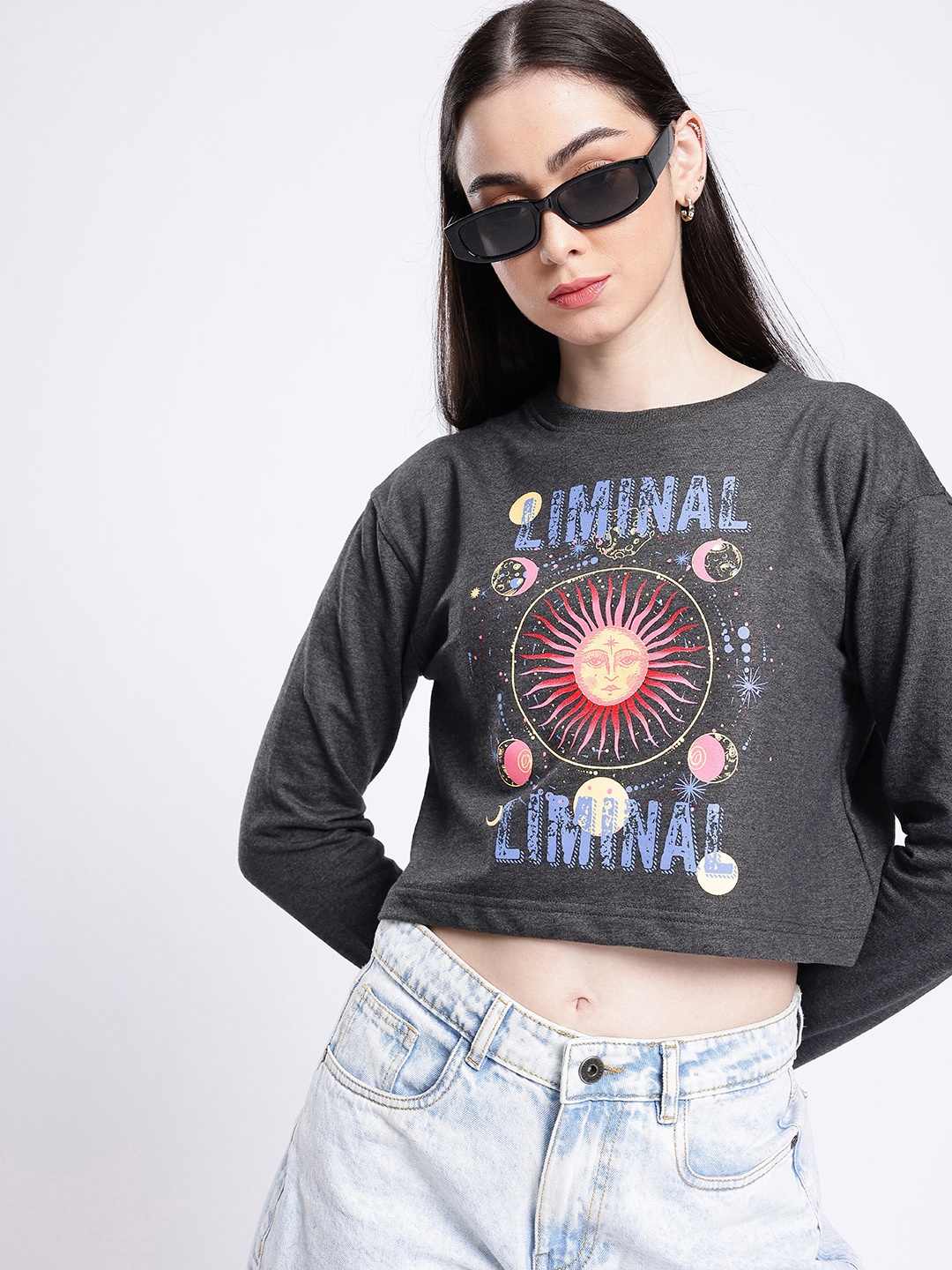 

glitchez Street Rizz Printed Cotton Terry Boxy Cropped Sweatshirt, Grey
