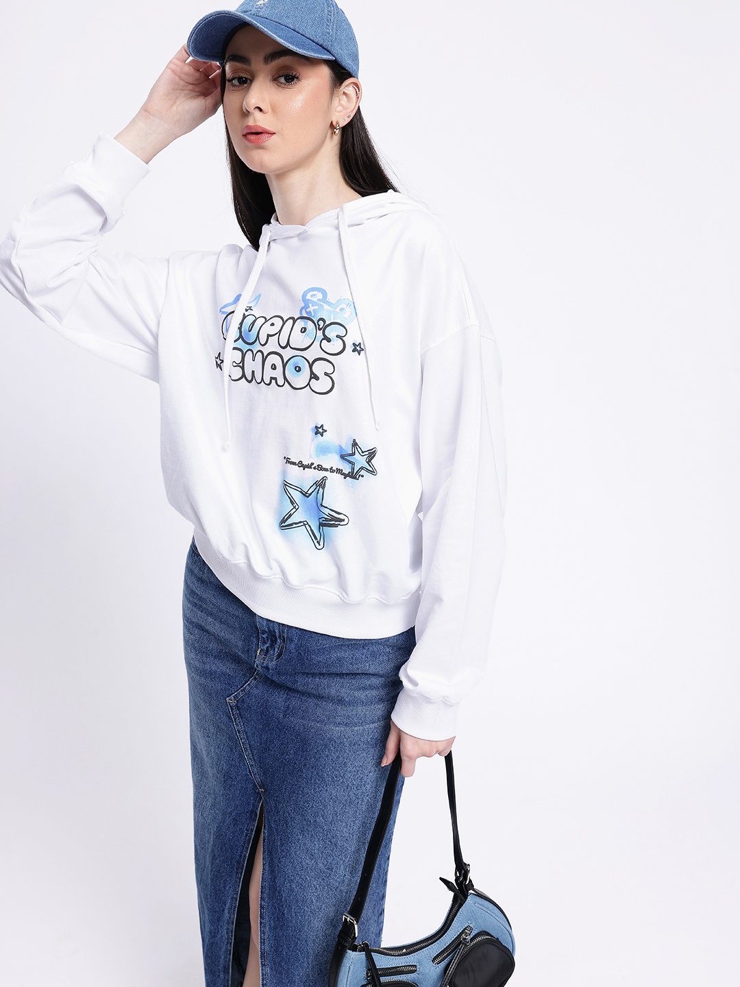 

glitchez Downtown Rizz Printed Cotton Terry Hooded Oversized Sweatshirt, White
