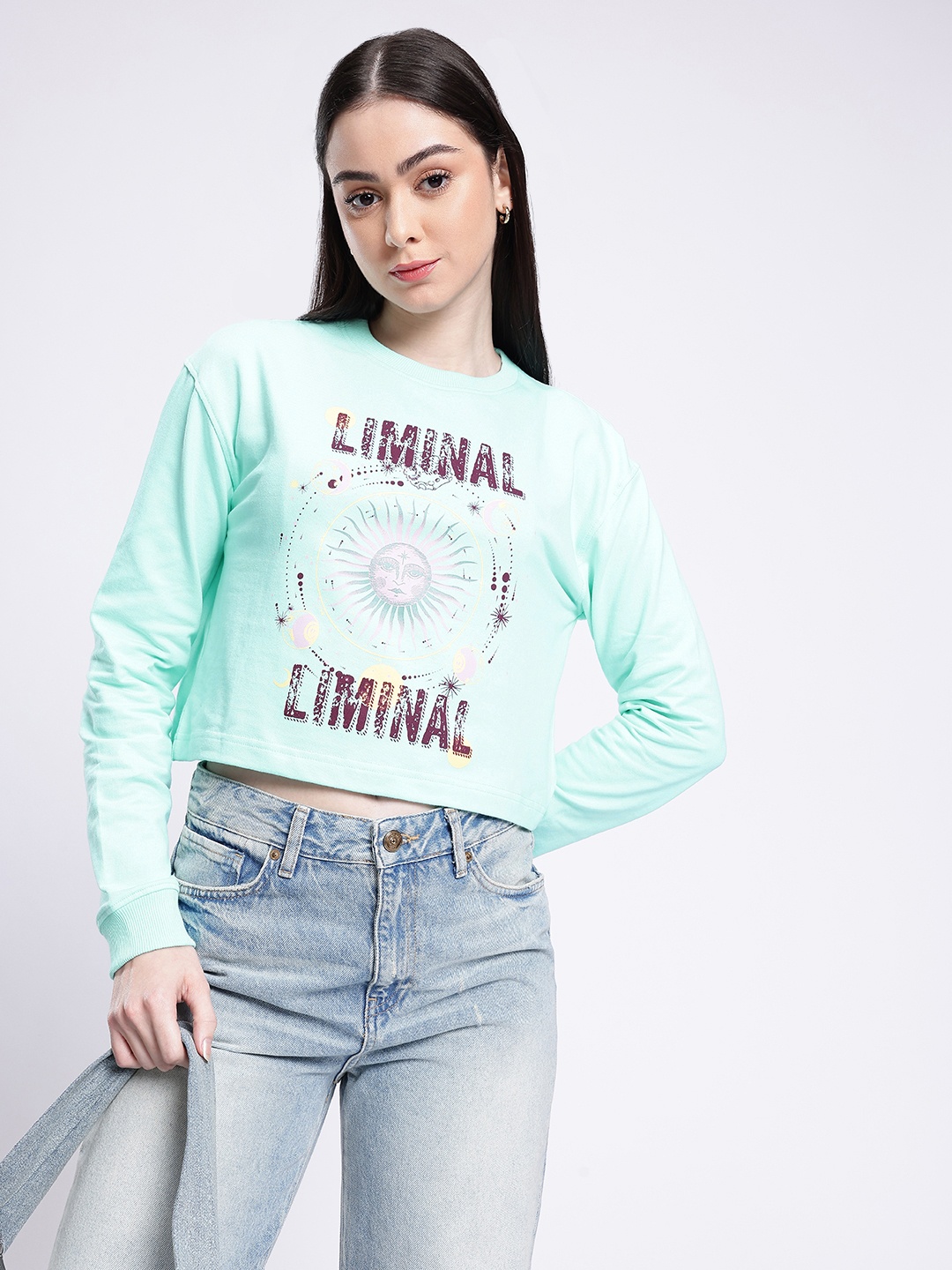 

glitchez Street Rizz Printed Cotton Terry Boxy Cropped Sweatshirt, Turquoise blue