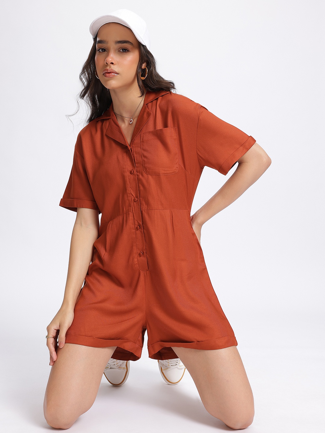 

glitchez Effortless Chic Cuban Collar Playsuit, Rust