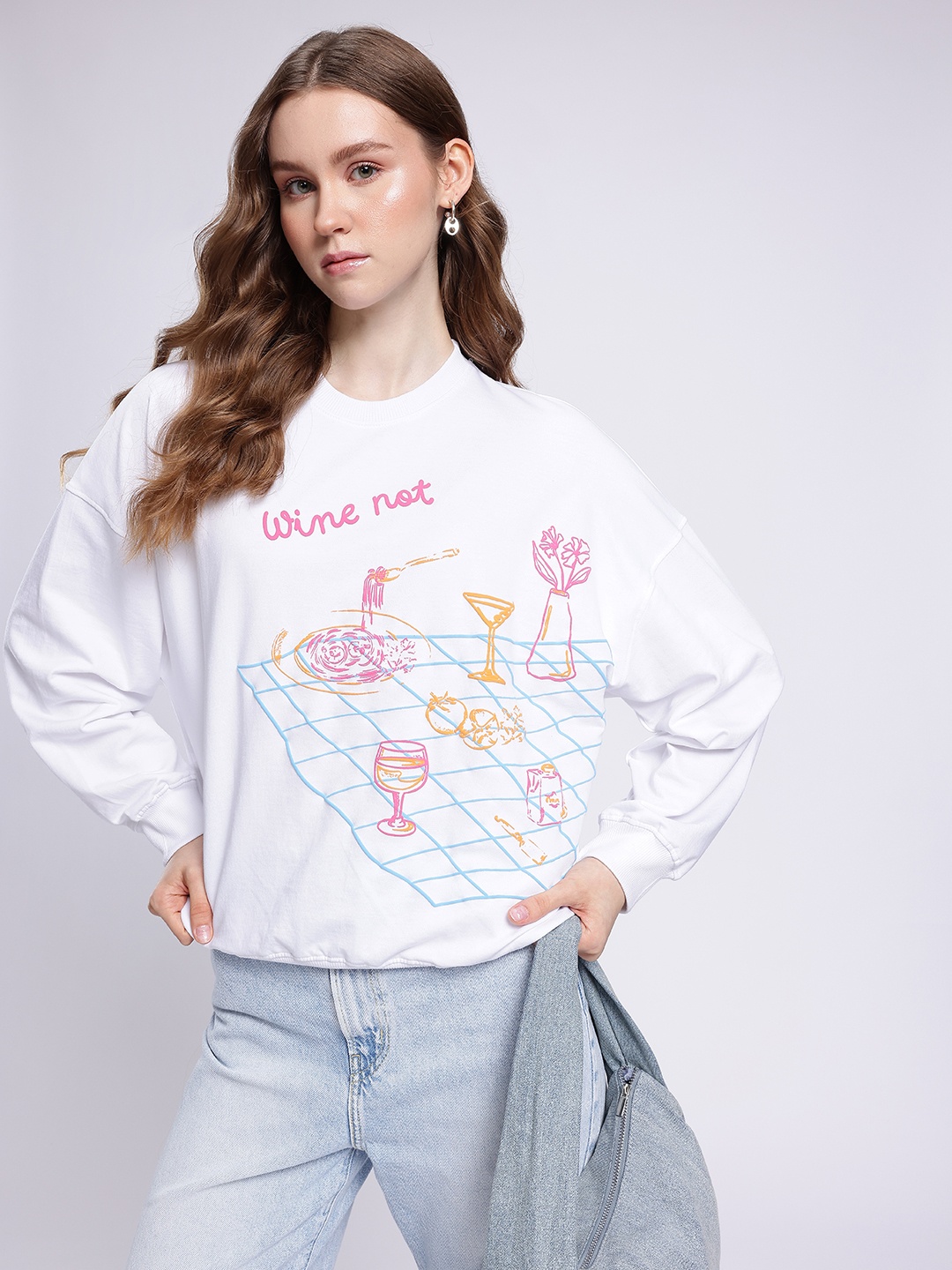 

glitchez City Vibe Graphic Printed Cotton Terry Oversized Sweatshirt, White