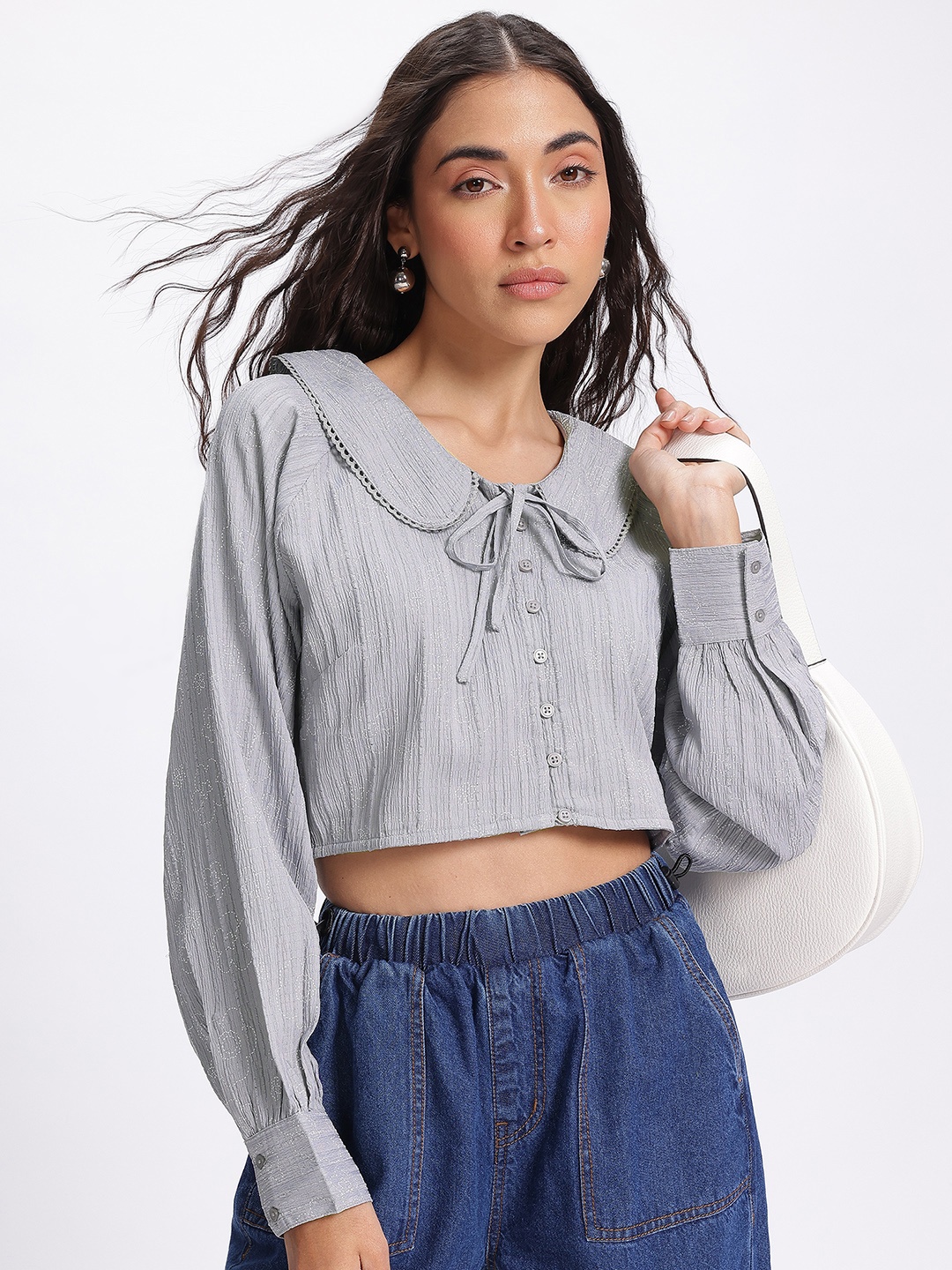 

glitchez Urban Edge Above the Keyboard Collar Embroidered Shirt-Style Top, Grey