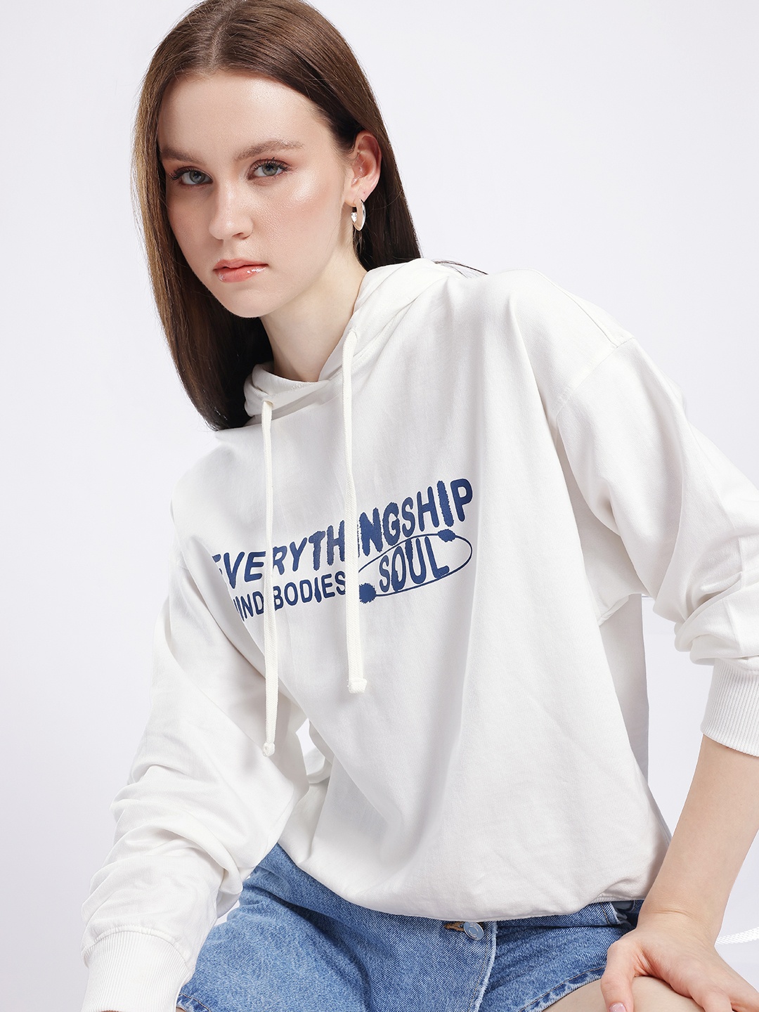 

glitchez Soul Connection Printed Cotton Terry Oversized Hooded Sweatshirt, White