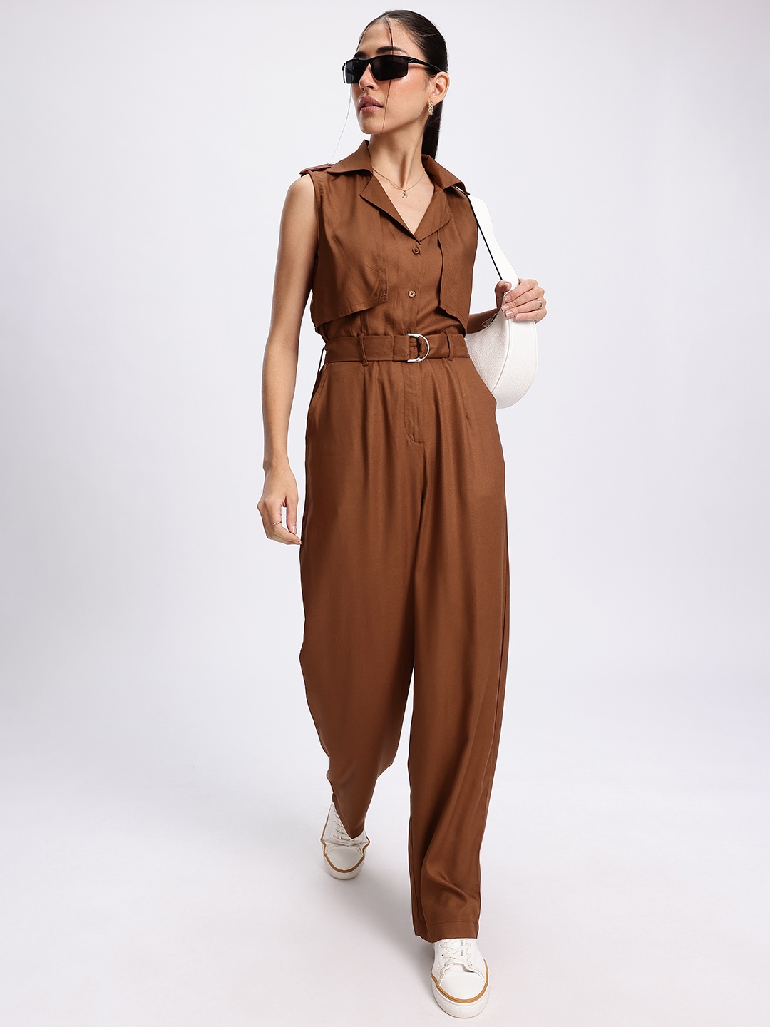 

glitchez Street Staple Belted Layered Jumpsuit, Brown