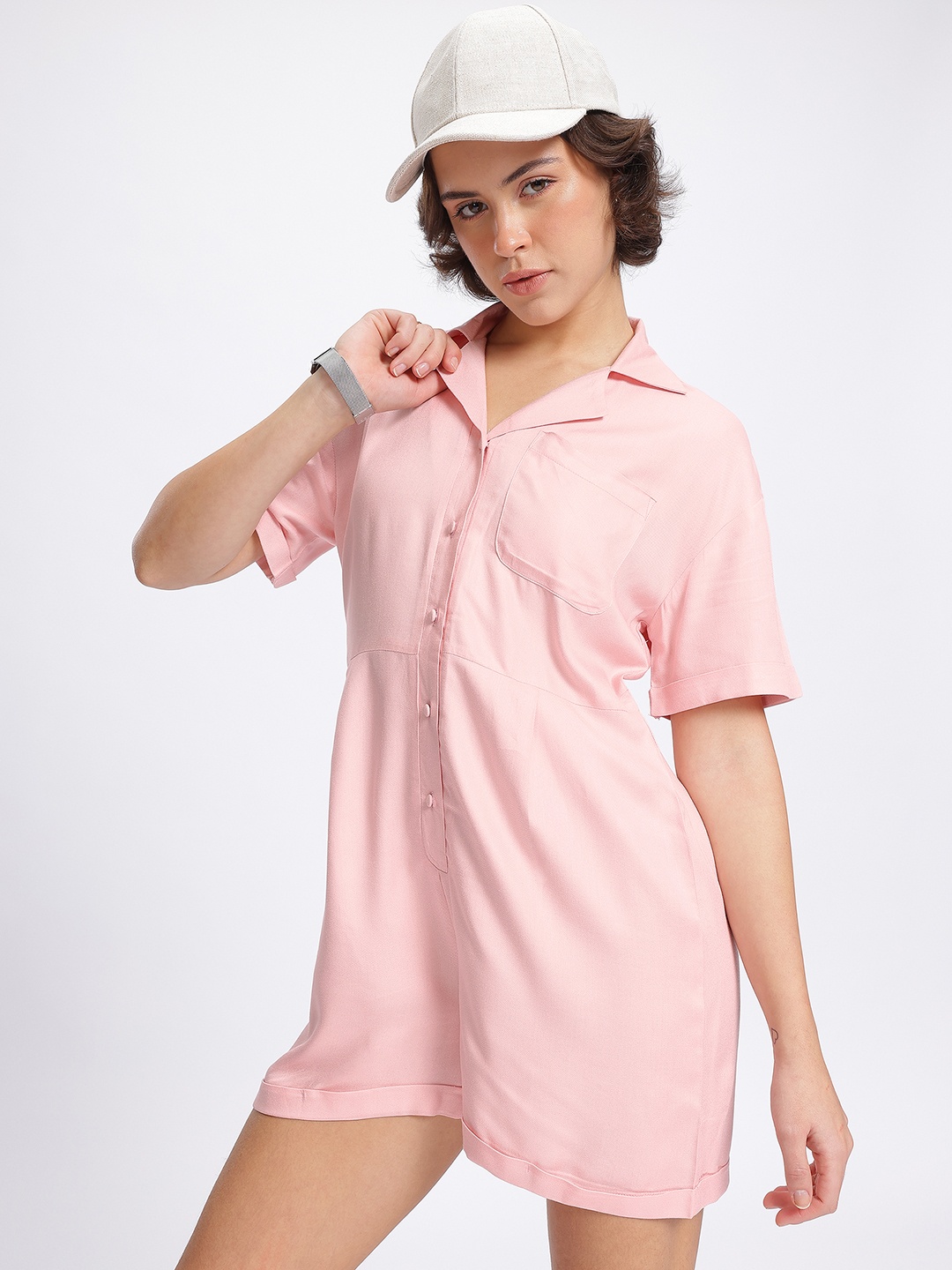 

glitchez Effortless Chic Cuban Collar Playsuit, Pink