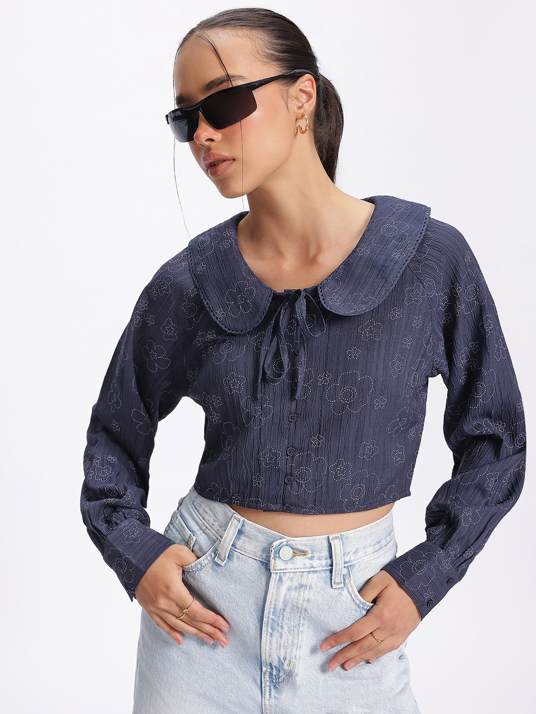 

glitchez Embroidered Luxe Above the Keyboard Collar Shirt-Style Top, Navy blue