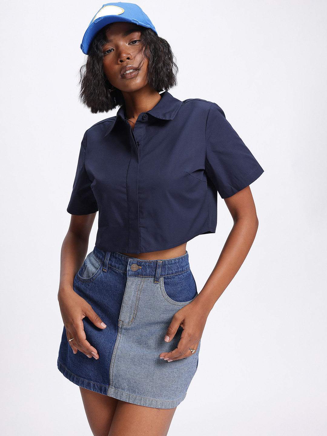 

glitchez Crisp Crop Button-Down Shirt, Navy blue