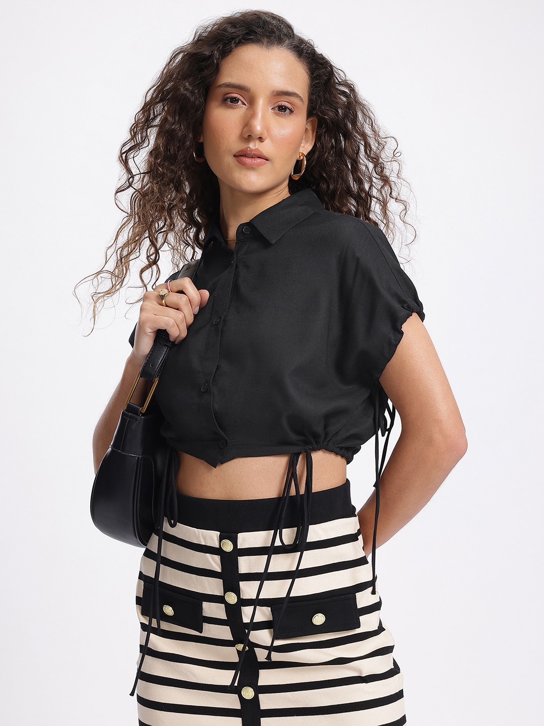 

glitchez Knot Drip Tie-Up Waist Shirt Style Crop Top, Black