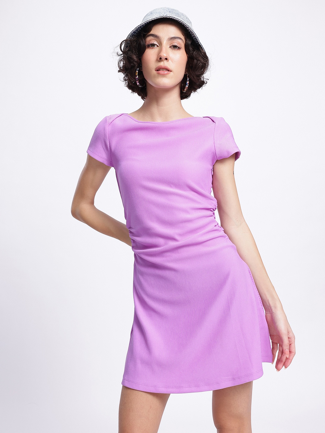 

glitchez Soft & Sleek Ribbed Boat Neck Ruched Mini A-Line Dress, Purple