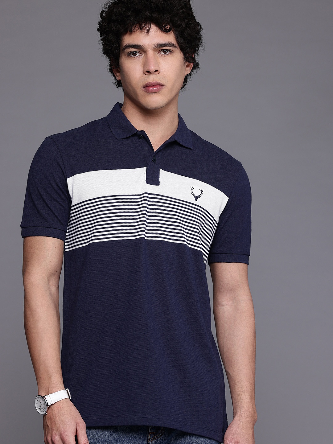 

Allen Solly Striped Colourblocked Polo Collar T-shirt, Navy blue