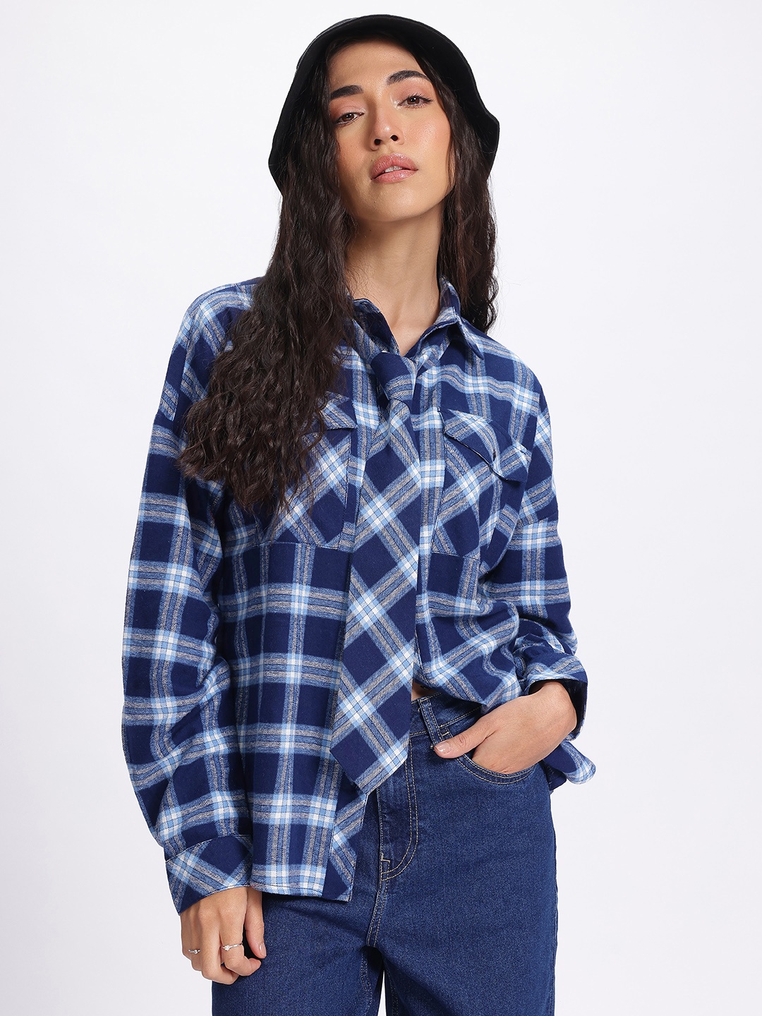 

glitchez Utility Chic Checked Shirt with Tie, Blue