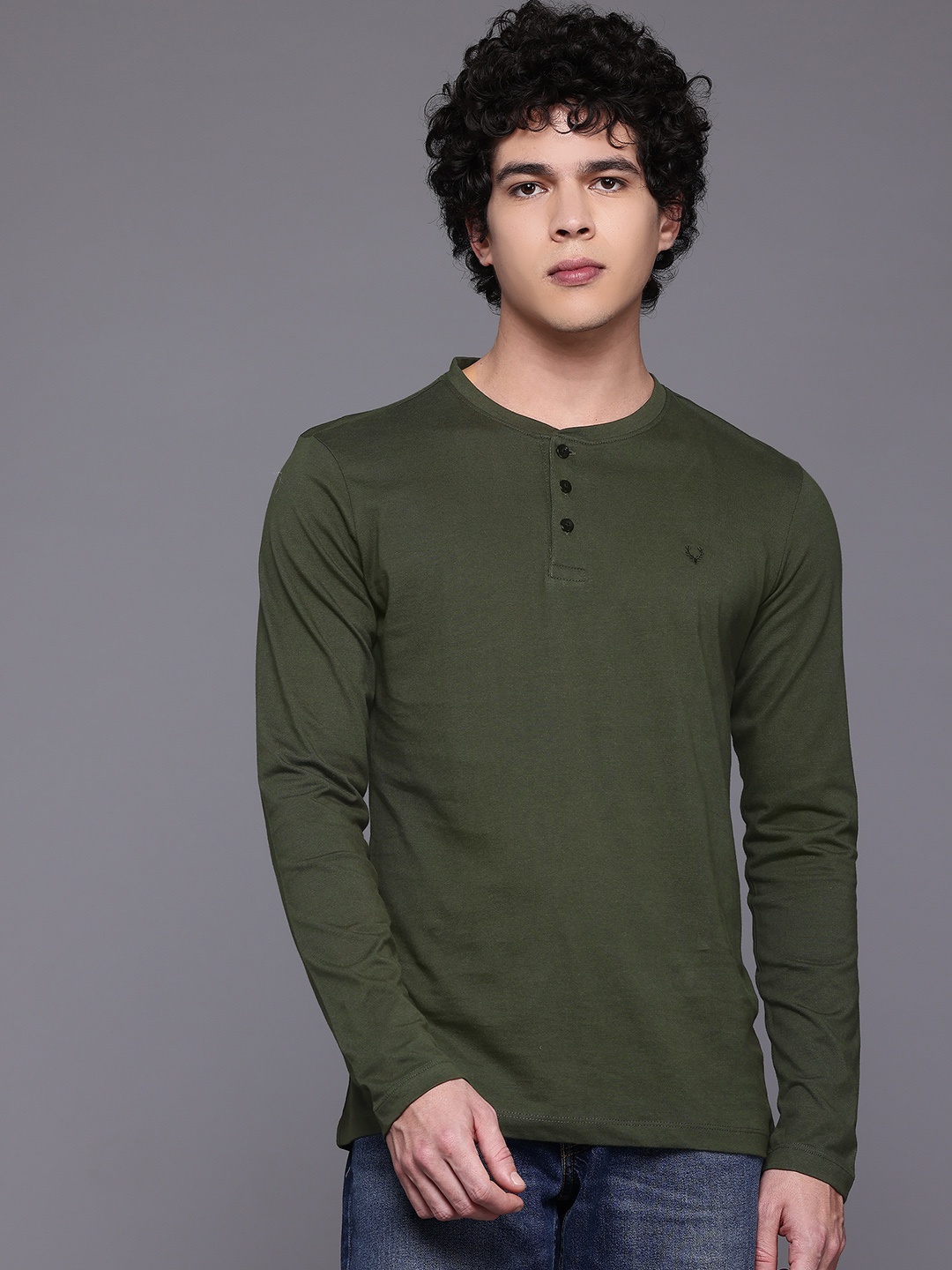 

Allen Solly Men Henley Neck Pure Cotton Slim Fit T-shirt, Olive