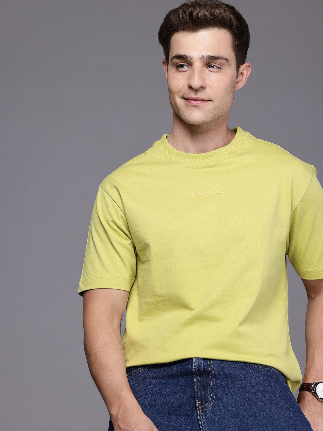 

Allen Solly Drop-Shoulder Sleeves Relaxed Fit Pure Cotton T-shirt, Lime green