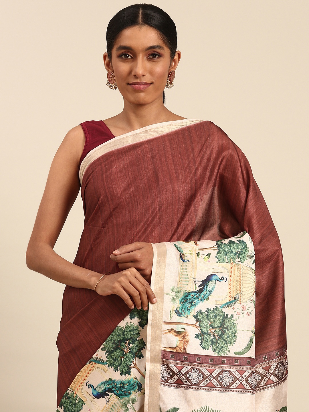 

SANGAM PRINTS Colourblocked Printed Tussar Saree, Maroon