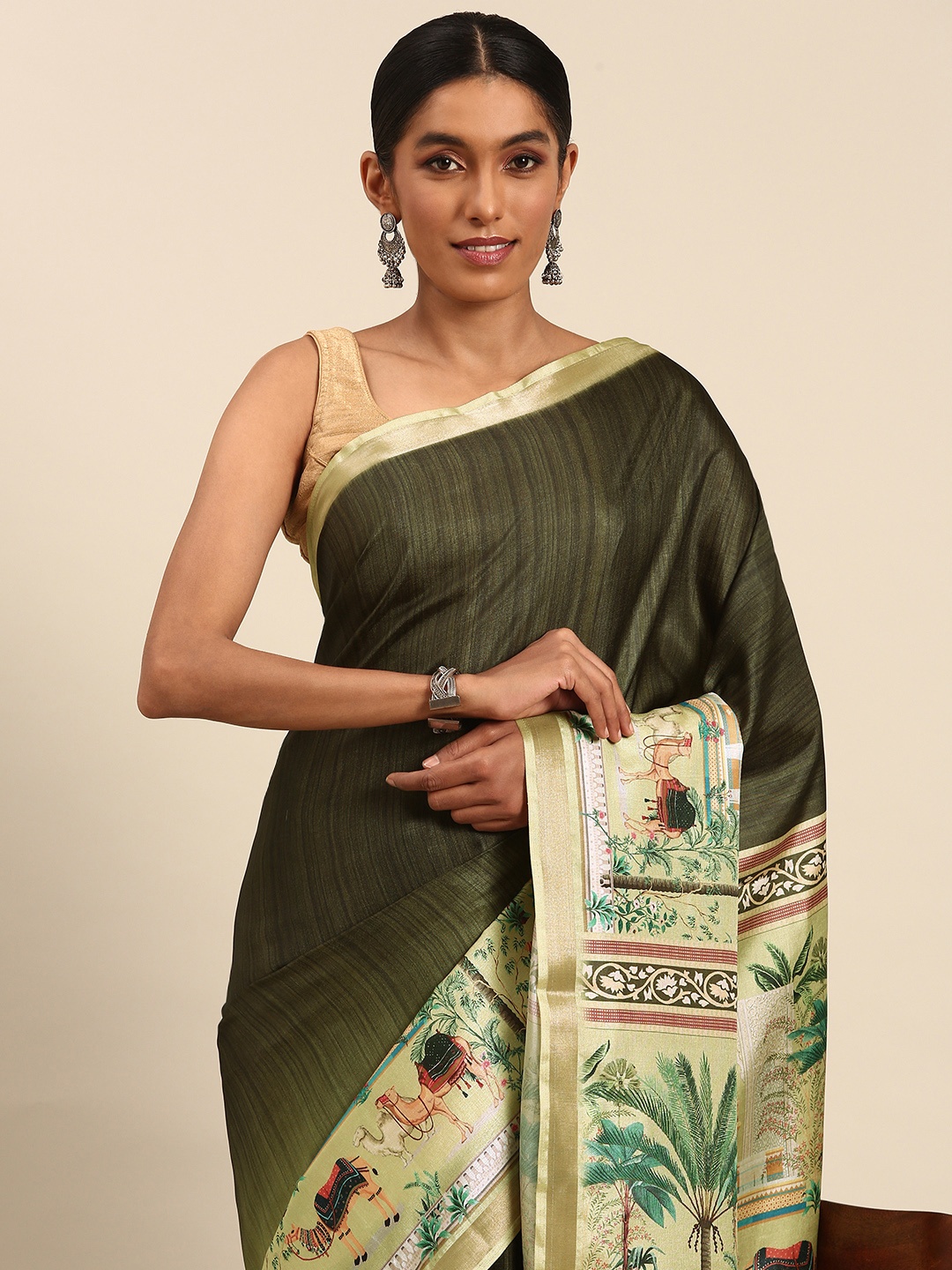 

SANGAM PRINTS Colourblocked Printed Tussar Saree, Olive