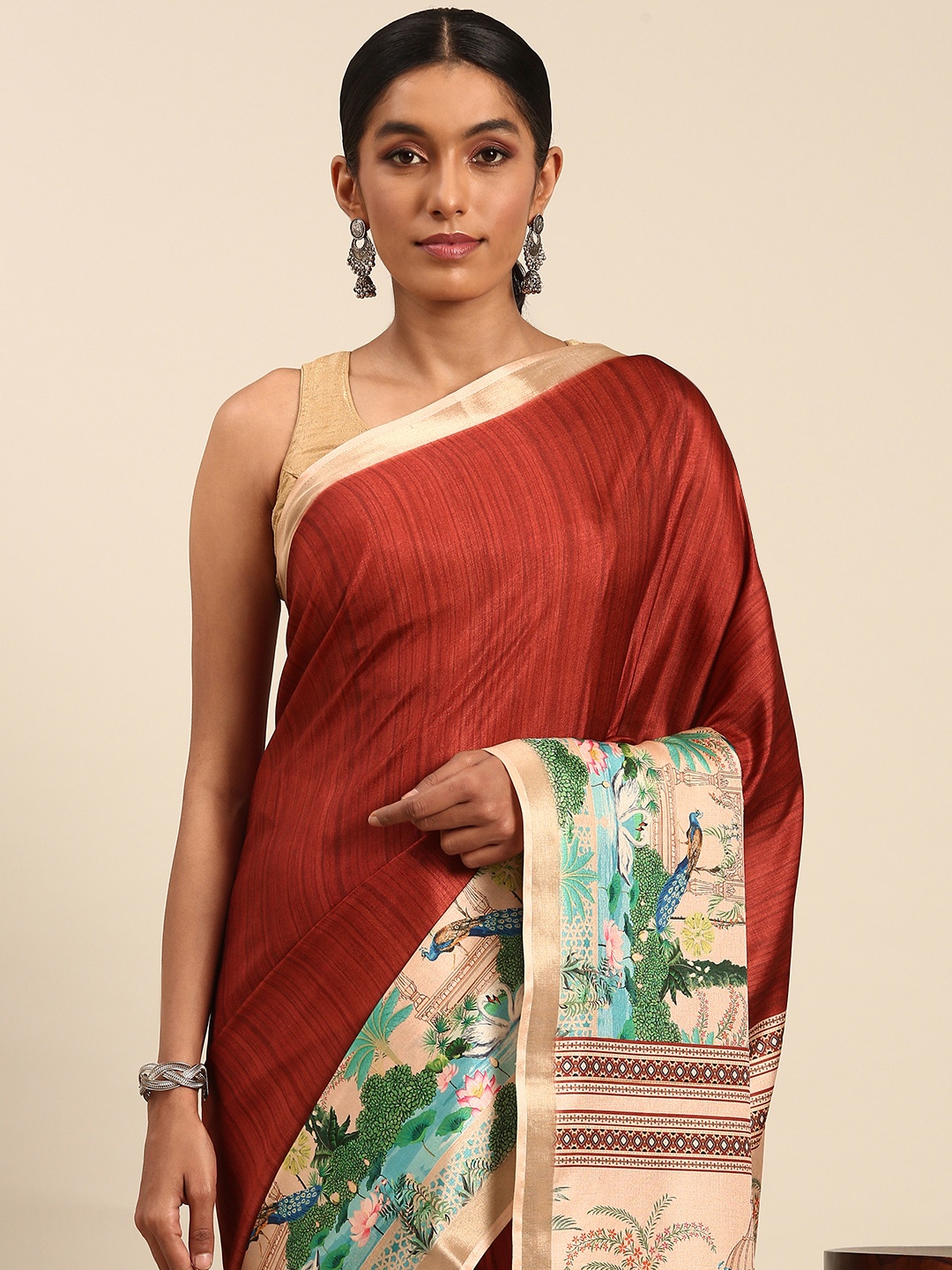 

SANGAM PRINTS Colourblocked Printed Tussar Saree, Maroon