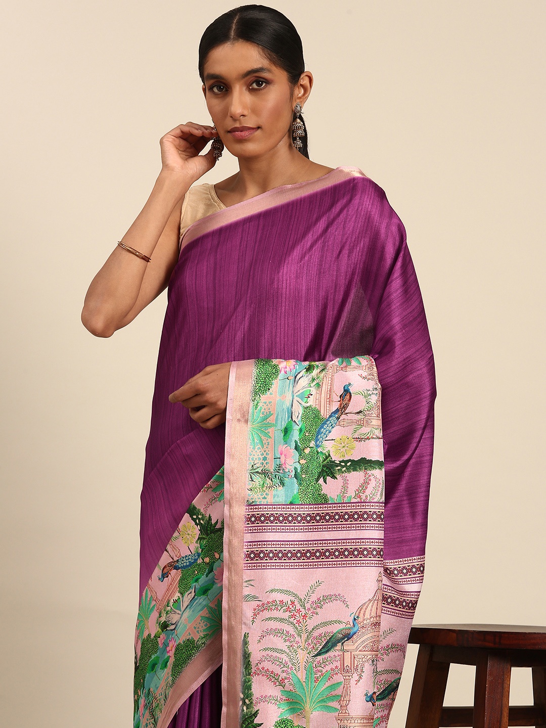 

SANGAM PRINTS Colourblocked Printed Tussar Saree, Purple