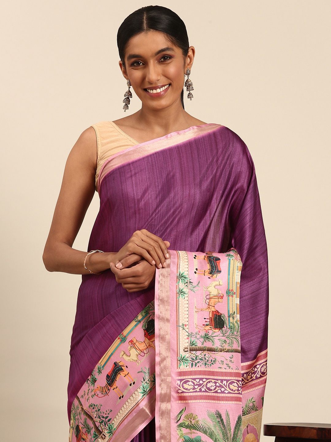 

SANGAM PRINTS Printed Tussar Saree, Magenta