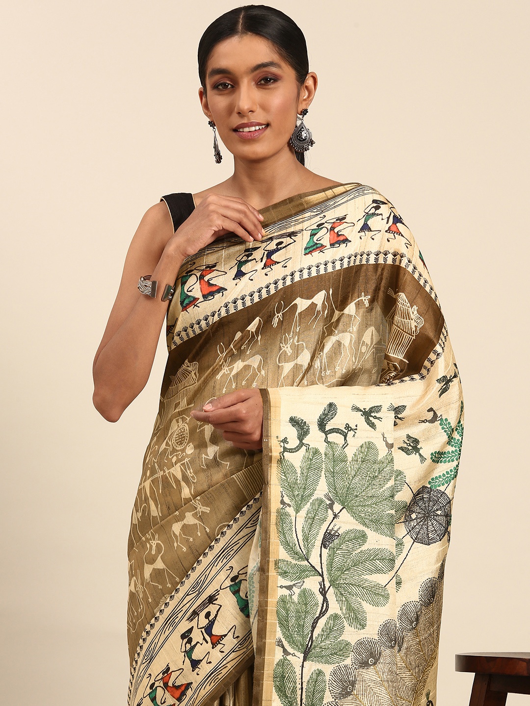 

SANGAM PRINTS Warli Printed Tussar Saree, Khaki