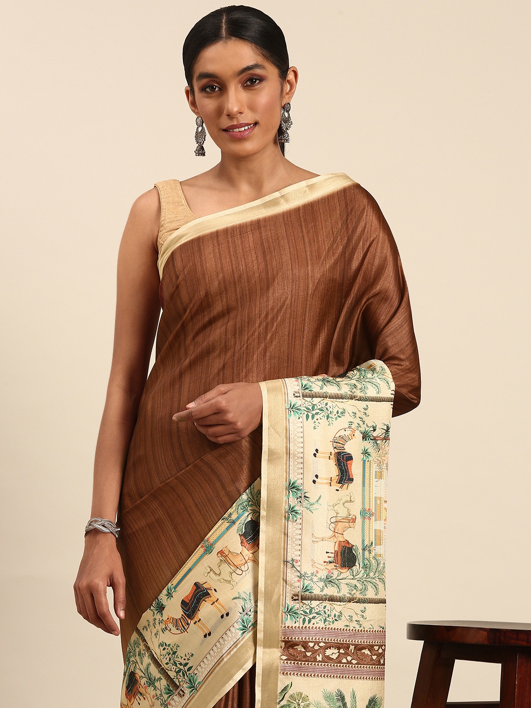 

SANGAM PRINTS Printed Tussar Saree, Brown