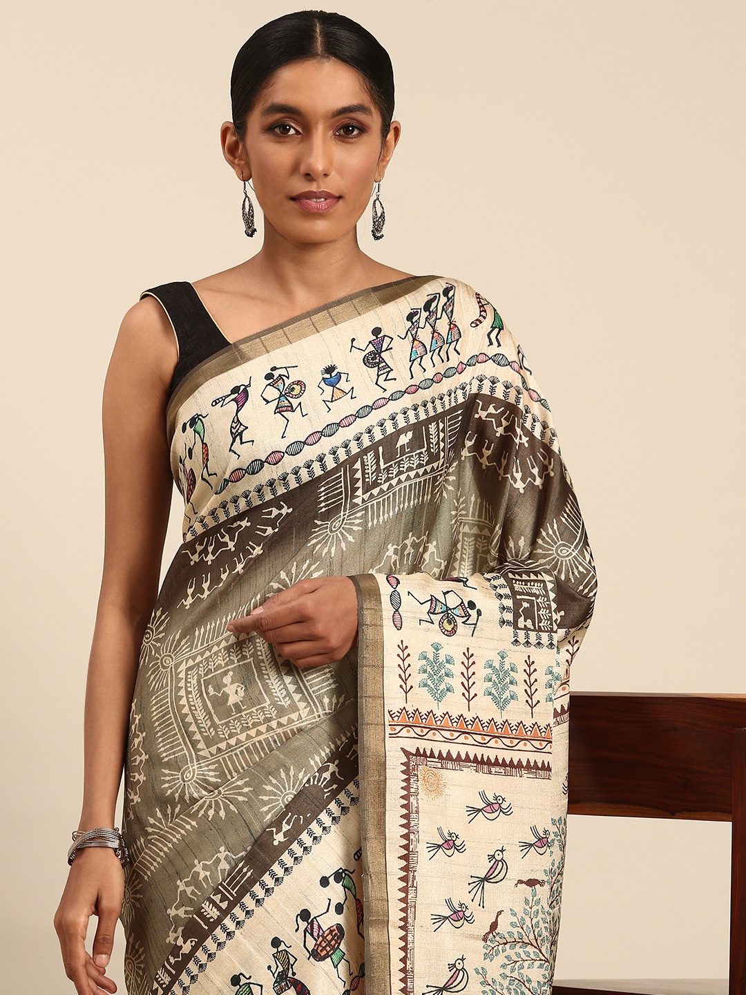 

SANGAM PRINTS Warli Printed Tussar Saree, Olive