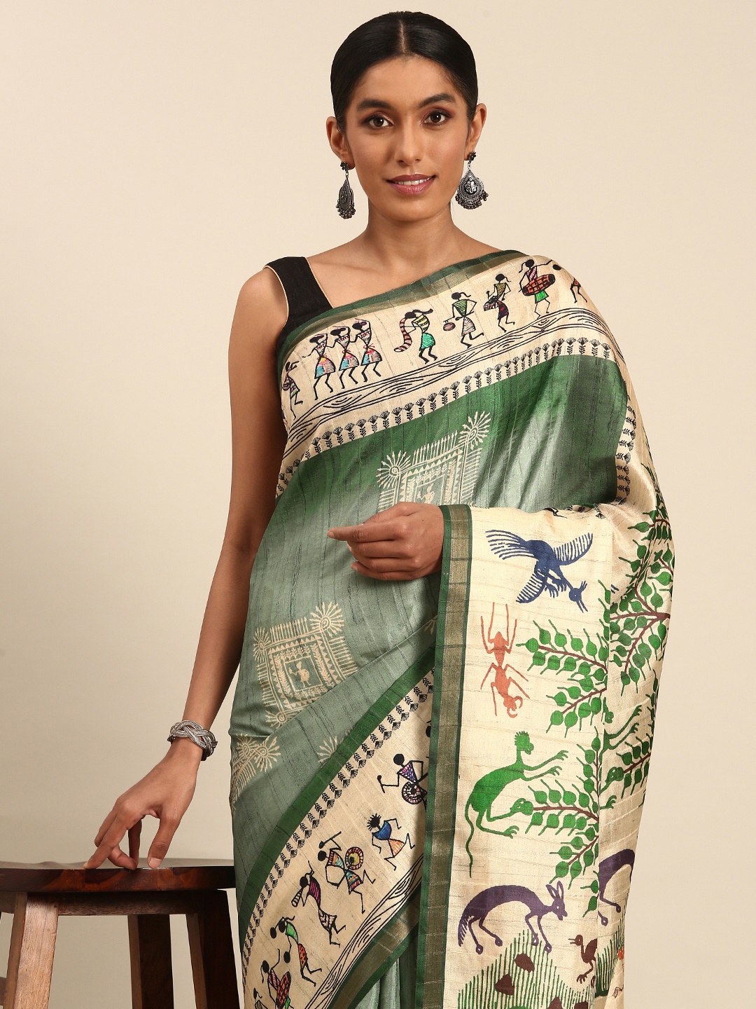 

SANGAM PRINTS Warli Printed Tussar Saree, Olive