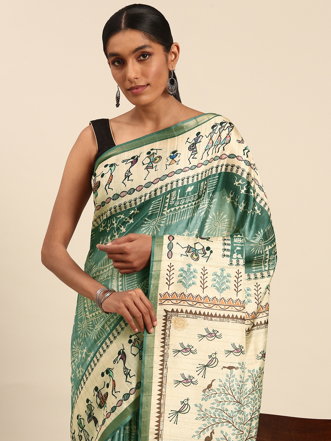 

SANGAM PRINTS Warli Printed Colourblocked Tussar Saree, Teal