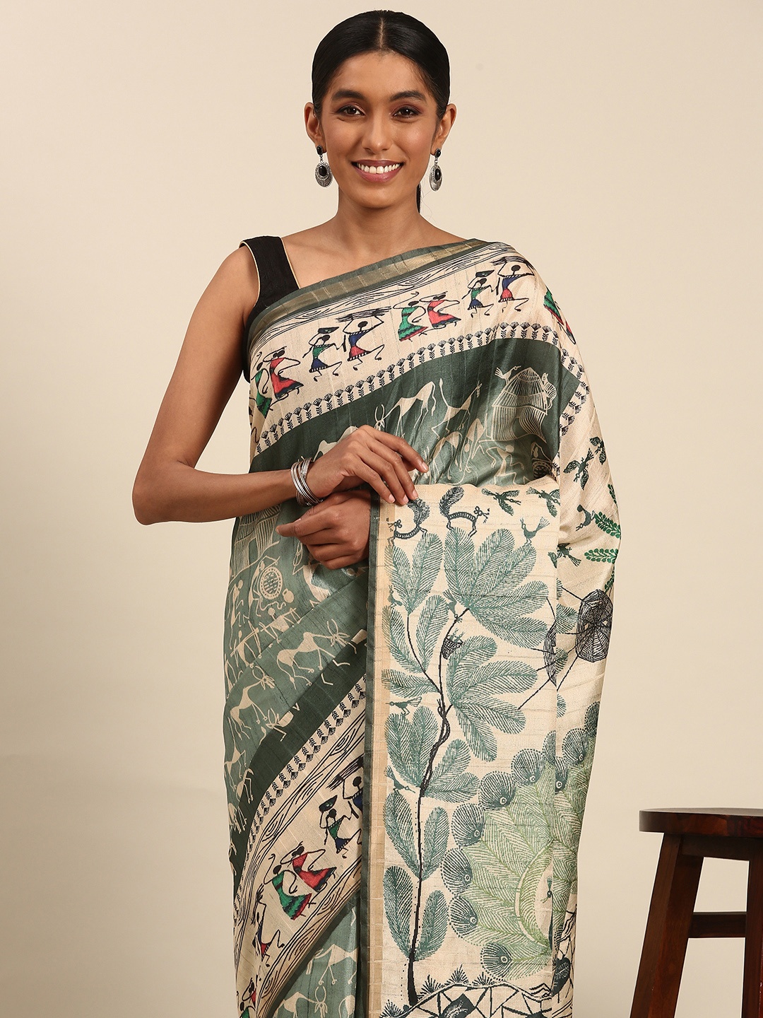 

SANGAM PRINTS Warli Printed Tussar Saree, Green