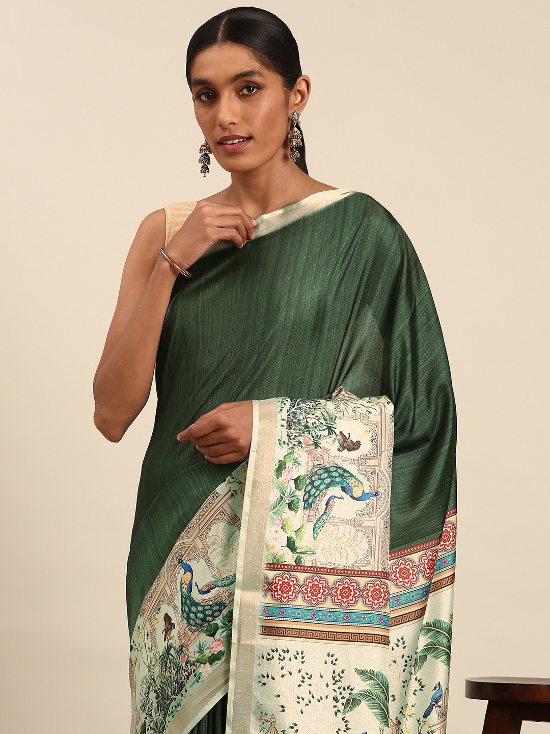 

SANGAM PRINTS Printed Tussar Saree, Green